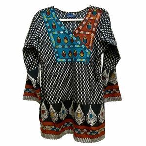 MAPLE CLOTHING WOMEN'S INDIAN TUNIC TOP, Sz 38 Geometric Designs Black Teal Rust